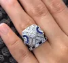 Vintage Fashion Jewelry 925 Sterling Silver Fill Blue Sapphire CZ Diamond Gemstones Eternity Women Wedding Bridal Ring Set For Mothers' Day