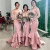 Chic Mermaid Lace Bridesmaid Dresses Off The Shoulder Long Sleeves Party Dress Sweep Train Cheap Satin Tiered Country Maid Of Honor Gowns