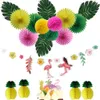 Hawaiian Party Decorations 15 unids / set Con Flamingo Garlands Palm Leaves Cake Topper Para Playa Verano Tropical Suministros para fiestas