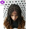 Masowe czarne kobiety Style Braid 130 Ombre Brown Parcid Parged Middle Part Box Braids Szwajcarskie koronkowe przednią perukę z kręconymi końcami 8756324