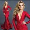 Red Mermaid Long Evening Dresses 2020 Sexy Deep V-neck Satin Ruched Long Sleeves Formal Party Prom Dress Vestidos