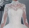 2019 Cheap Vintage Puffy Ball Gown Wedding Dresses Arabic High Neck Illusion Lace Applique Crystal Beaded Sweep Train Formal Brida251Y