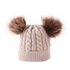 5 couleurs bébé tricoté chapeaux Double boule de fourrure Pom Pom bonnets torsion Crochet casquettes hiver chaud infantile enfants garçons filles casquette