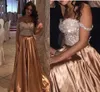 Sparkle Rose Gold Dois peça Vestidos de baile sexy fora do ombro Top Cristal e frisado Longo Árabe Elegante Evening Prom vestido 2019 feriado