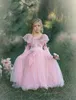 2020 Różowy Dresses Square Appliqued Zroszony Ręcznie Ręcznie Made Flower Urodziny Suknie Bez Rękawów Wzburzyć Dziewczyna Pagewew Suknia