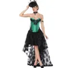 Damen-Halloween-Kostüm, Wimpern-Spitze-Vollbrust-Korsett-Oberteil und ein schwarzes florales Mesh-Hi-Lo-Langrock-S-XXL-Burlesque-Korsett-Kleid, 2-teiliges Set-Outfit