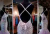 Sexy Bling Lilac Mermaid Prom Dresses Spaghetti Straps Beads Crystal Tulle Sleeveless Criss Cross Strap Sweep Train Evening Wear Party Gowns