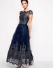 2023 Vintage Mother off bride dresses Cheap Cap Sleeve Plus Size Tulle Navy Blue Lace Appliques Long Ankle Length Women Formal Mothers Gowns