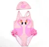 One-Pieces Kids Swimwear Romper Jumpsuit Girls Swimsuit Hat Baby Flamingo Swan Fashion Princess 1 piece Children Bikini beach wear Clothes free Cap 1-12Y YY014