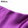 Alldoke Purple Casual Maxi Long Skirt 여성 여름 하이 허리 스트리트웨어 빈티지 레이디 사무실 새틴 라인 치마 주름 팜미