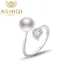 2021 ASHIQI Real 925 Sterling Silver Rings Leaf Jewelry 8-9mm Natural Pearl Freshwater Open Finger