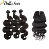 Pacotes de cabelo de Bellahair com encerramento do laço Extensões de trama do cabelo do corpo e fechamento superior 4x4 Parte livre 3 Pcs Tece do cabelo virgem brasileiro