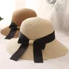 Foldable Women Wide Brim Hats Bow Ribbon Bucket Hat Straw Hats For Lady Beach Hats Sunhat Summer Topee Sun Cap Free Shipping