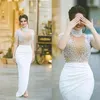 2020 NOVO Branco Sheer Top Mermaid Dresses Evening Wear Plus Size frisada aso ebi rendas estilos Evening Vestidos Vestido formal do partido