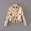 2020 Spring Personality Pu Round Hole Kvinnor Jacka Guld Svart Silver Färg Stativ Krage Långärmad Coat Leather Clothing Top1