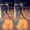 Meninas negras 2019 Sereia Pageant Prom Vestidos Africano Vestidos Tierd Saias Celebridades Vestido Ruffled Ilusão Formal Vestidos de Noite