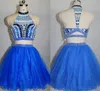 Royal Blue Two Pieces Homecoming Dresses High Neck Rygglös pärlor Rhinestones Kristaller Cocktailklänningar Korta promklänningar HY0871