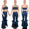 Denim Two Piece Set Summer Strapless Crop Top and Flare Pant Suit Matching Sets Outfits Sexy 2 Piece Set Women