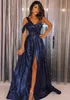 Sexig blå färg Prom Klänningar 2019 En axel Sequined Split Holidays Graduation Wear Evening Party Gowns Custom Made Plus Size