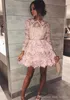 2019 Billiga cocktailklänning En linje Långärmade Smets Lace Appliqued Short Mini Semi Club Wear Homecoming Party Gown Plus Size Custom Make