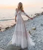 Charme de praia vestidos de casamento Lace Mergulhando Pescoço Backless Bohemian vestidos de noiva A Linha Andar Length Tulle Boho Vestido De Novia