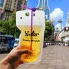 Gravura Impressão Plástico Limpar Drinkware Transparente Reutilizável e Descartável Stand Up Suco Bebida Bebida Embalagem Bolsa Bolsa Com Palha