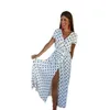 夏のドレスレディースドレスシフォンエンパイアスプリットデザインロングドレスディープVネックセクシーなビーチ服夏半袖ドレス