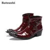 Batzuzhi Fashion Rock Heren Lederen Enkellaarzen Puntschoen 6.5 cm Hakken Motorfiets Laarzen Mannen Zwart / Wijnrood PartyBotas Hombre