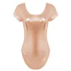 Plus Size Summer Shiny Short Sleeve High Cut Leotard Women Stretchy Dancing Bodysuit Scoop Neck Backless One Piece Beach Wear