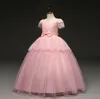 Розовое бальное платье принцессы Платья для девочек-цветочниц с жемчужным вырезом и короткими рукавами Кружевная аппликация с бантом Праздничные платья для девочек на день рождения Детское платье для выпускного вечера A01
