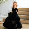 Chic Black Feather Flower Girl Dresses For Wedding Beaded Toddler Pageant Gowns Bateau Neck Floor Length Ruffled Tulle Kids Prom Dress