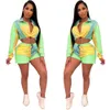 Multicolour Block Patchwork Tracksuit Elegante Manga Longa Zíper Acima Trench de Manga Longa E Shorts Set Night Club Women Outfits