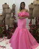 Elegant 2022 Water Malon Mermaid Prom Bridesmaid Dresses Off the shoulder with Short Sleeves Organza Long Evening Party Dress Formal Gowns