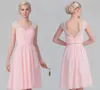 Op maat gemaakte vintage stijl een lijn kapmouw kant korte bruidsmeisjekleding knielengte roze chiffon bruiloft receptie jurken geplooid