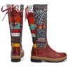 Heißer Verkauf- Frauen Vintage Mid-Calf Boots böhmischen Retro echte Lederschuhe gedruckt Patchwork Reißverschluss Lace Up Rainbow Stiefel