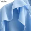 Vawomen süße Rüschen-Chiffon-Bluse mit V-Ausschnitt und langen Ärmeln, niedliche weibliche lässige Mode, blaues Hemd, stilvolle Tops, Blusas