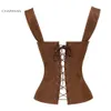 Charmian Faux 가죽 섹시한 갈색 지퍼 Steampunk overbust 레이스 위로 뒤로 조끼 코르셋 Corselet Espartilhos 여성을위한 J190701