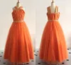 Sparkly Coral Beaded Rhinestones Little Girls Pageant Klänningar Halter Backless Tulle Princess Graduation Dress Kids Toddler Flower Girl Dress