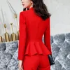 Arbeitskleider 2021 Frühling Herbst Solide Rock Anzug Frauen Rot Elegante Büro Dame Jacke Beiläufige Dünne Rüschen Zweireiher Blazer1