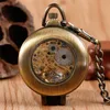 Antique Copper Watches Men Women Hand Winding Mechanical Pocket Watch Transparent Cover Skeleton Clock Timepiece with FOB Pendant Chain Gift