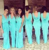 Bridesmaid Dresses V Neck Wedding Guest Wear Teal Turquoise Chiffon Open Back Sash Floor Length Ruched Party Maid of Honor Gowns BD8993