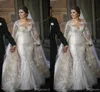Arabic Dubai Sheer Neck Long Sleeves Lace Mermaid Wedding Dresses Tulle Applique Sweep Train Wedding Bridal Gowns with Over Skirts Vestidos