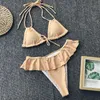 Riseado-Bikinis brasileños de cintura alta para mujer, traje de baño Sexy con estampado a rayas, bikini anudado con realce, ropa de playa 2020