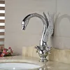 Chrome Finish Swan Form Högkvalitativ Basin Sink Kran Dual Handtag Ett hål Däckmonterad Mixer Kranar