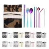 9PCS/SET Portable Cutlery Set For Outdoor Travel 304 Stainless Steel Flatware Set Fork Spoon Straw Dinnerware Sets Student Tableware