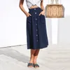 Moda A-Line Single-Breasted Midi Spódnica Wysoka Talia Solidne Kieszenie 2019 Kobiety Letnie Spódnice Casual Beach Luźna