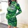 Повседневные платья Чикология неоновые печатные перчатки мини-платье женщин Bodycon с длинным рукавом 2021 осень зима партия клуб сексуальная одежда