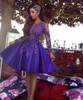 Eleagnt Arabic Dark Purple Vintage Lange Mouw Korte Cocktail Homecoming Jurken Een Lijn Sheer Hals Applique Beaded Jurk Prom Gowns BC1227