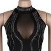 Abiti da festa aderenti da donna Sexy con strass a righe Halter Backless Sheer Mesh Patchwork Zipper Lunghezza al ginocchio Mini abiti da club