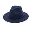 Trendy Navy Blue RoyalBlue Patchwork Faux Wool Fedora Hats Women Män kände vintage Panama Jazz Cap med Belt Buckle193f